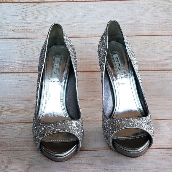 Miu Miu Glitter Peep Toe Stiletto Pumps - Picture 7 of 14